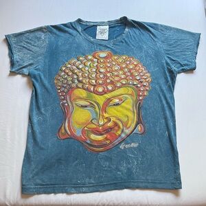 TENZIN LA Blue crew neck stone tie dye wash Buddha graphic short sleeve T-shirt